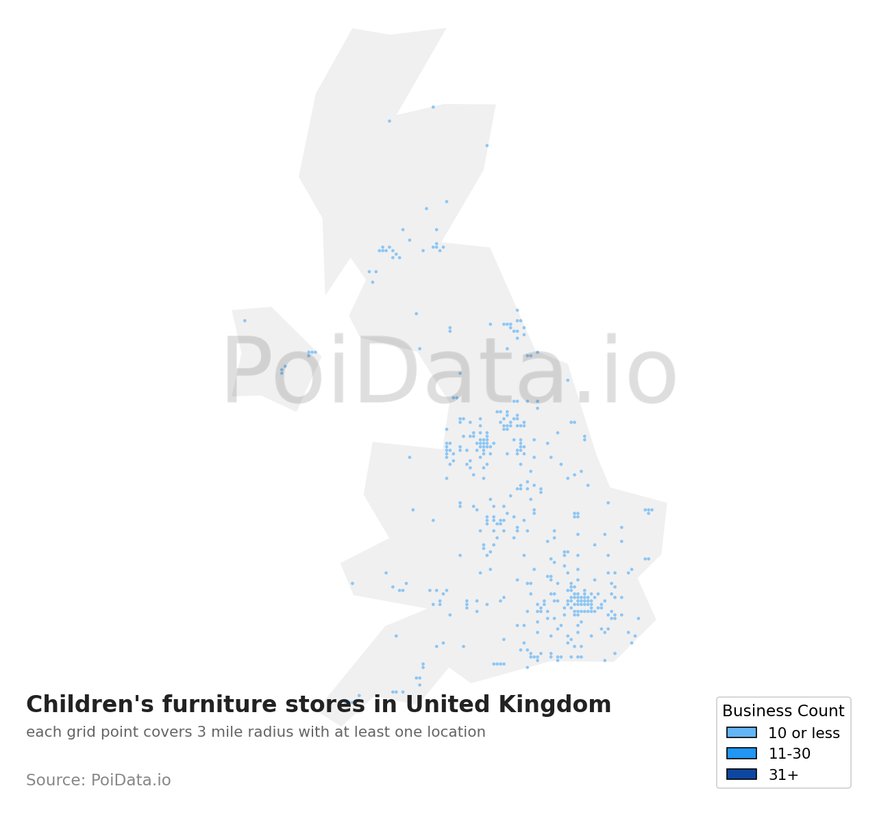 Children's furniture store density map for United Kingdom