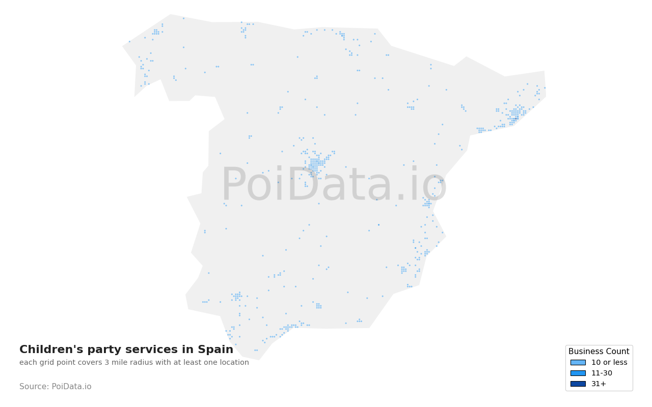 Children's party service density map for Spain