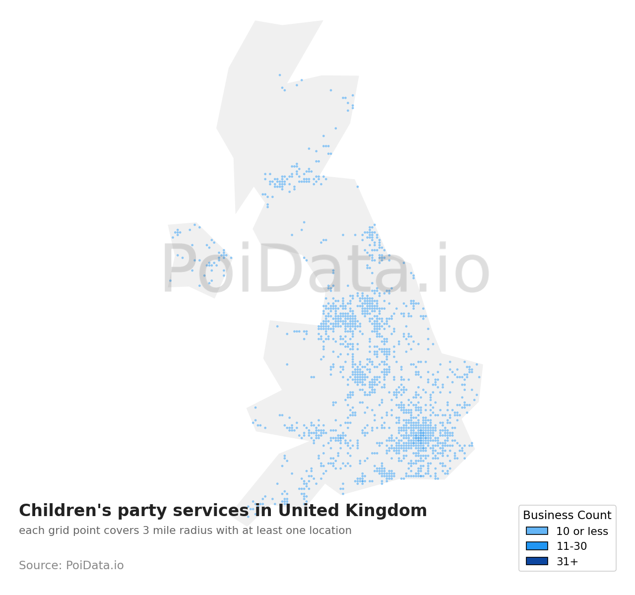 Children's party service density map for United Kingdom