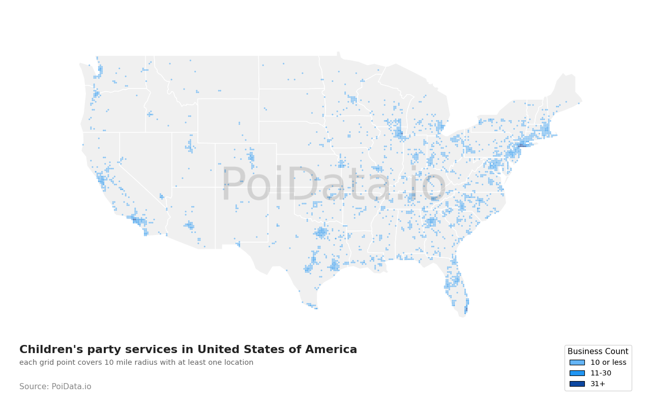 Children's party service density map for North Carolina, United States