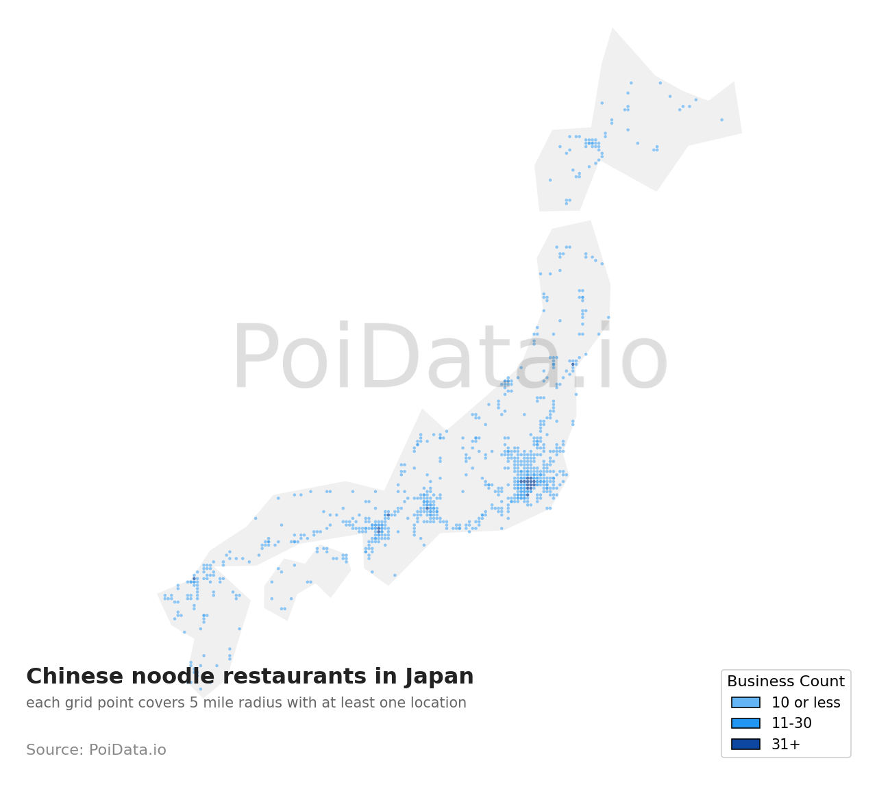 Chinese noodle restaurant density map for Japan