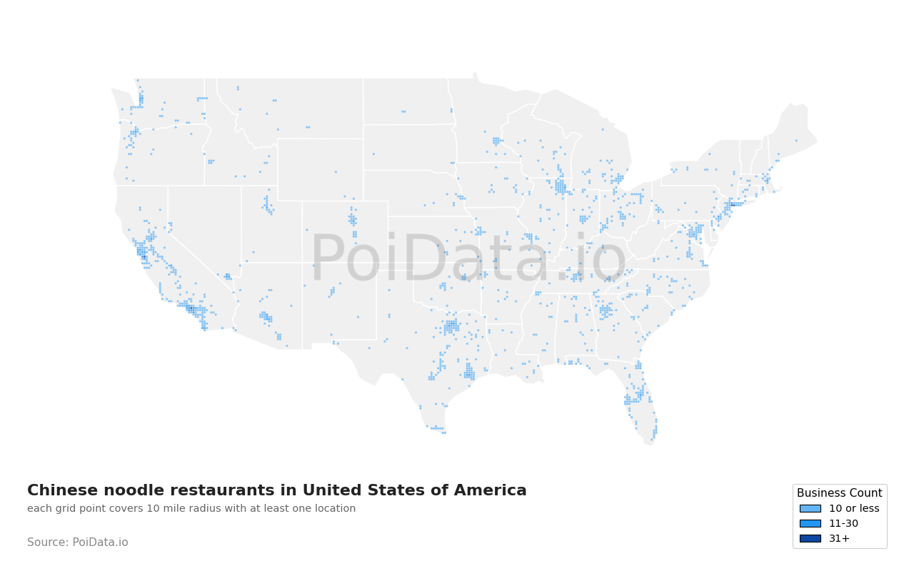 Chinese noodle restaurant density map for California, United States