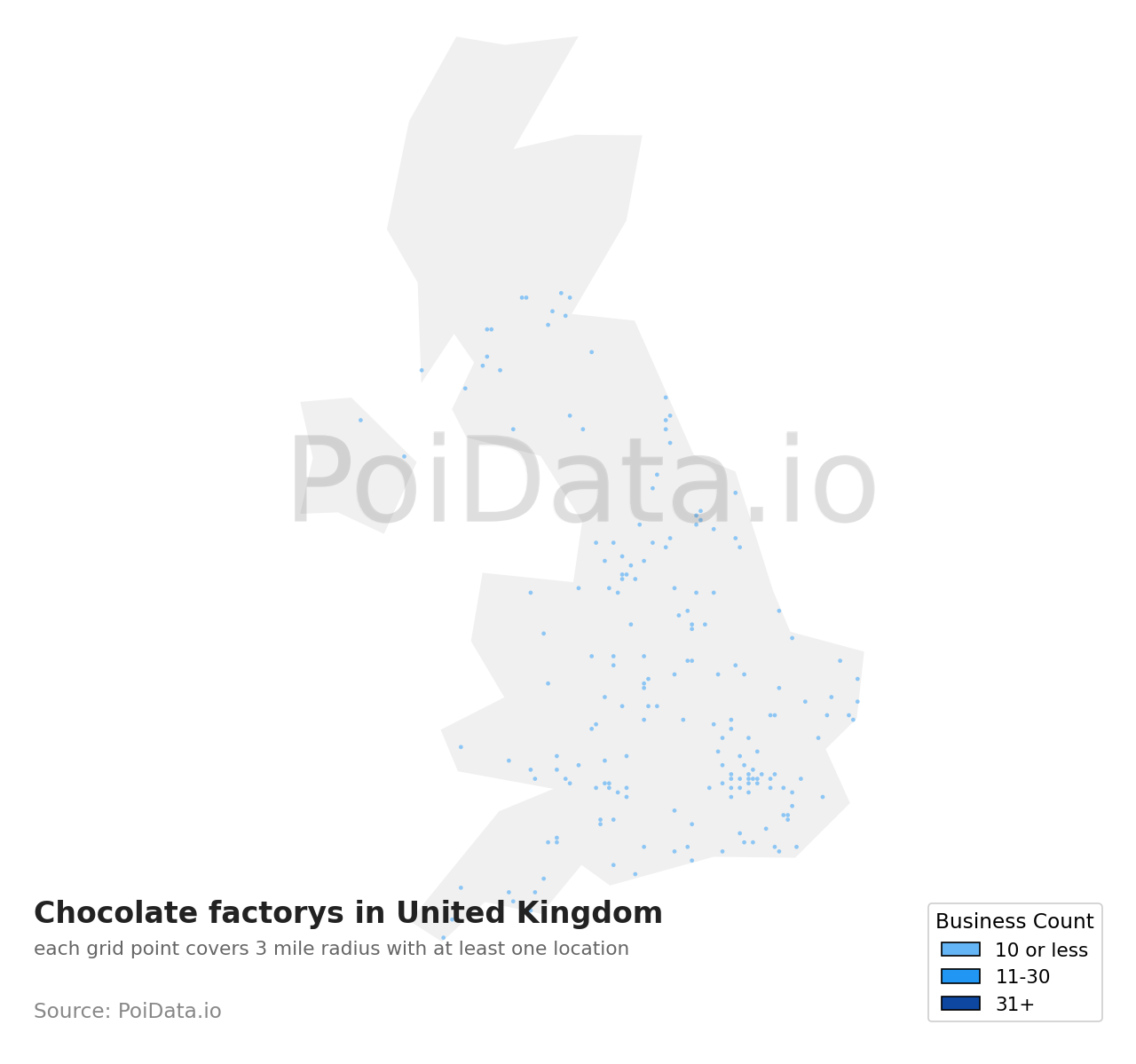 Chocolate factory density map for United Kingdom