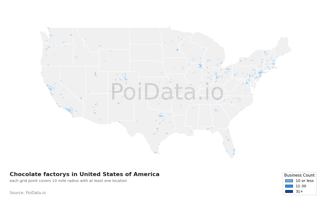 Chocolate factory density map for Tennessee, United States