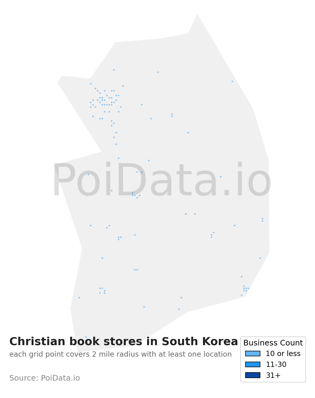 Christian book store density map for South Korea