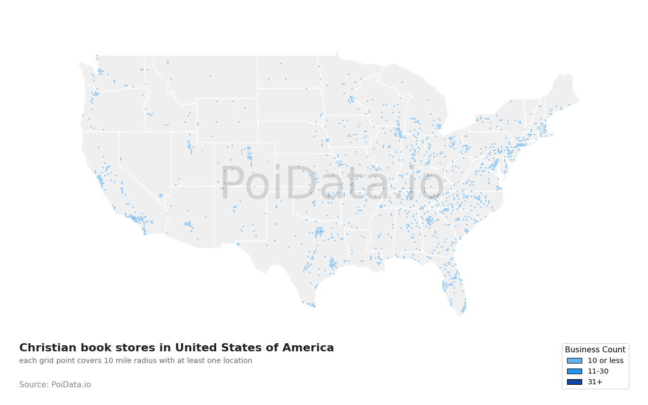 Christian book store density map for New York, United States
