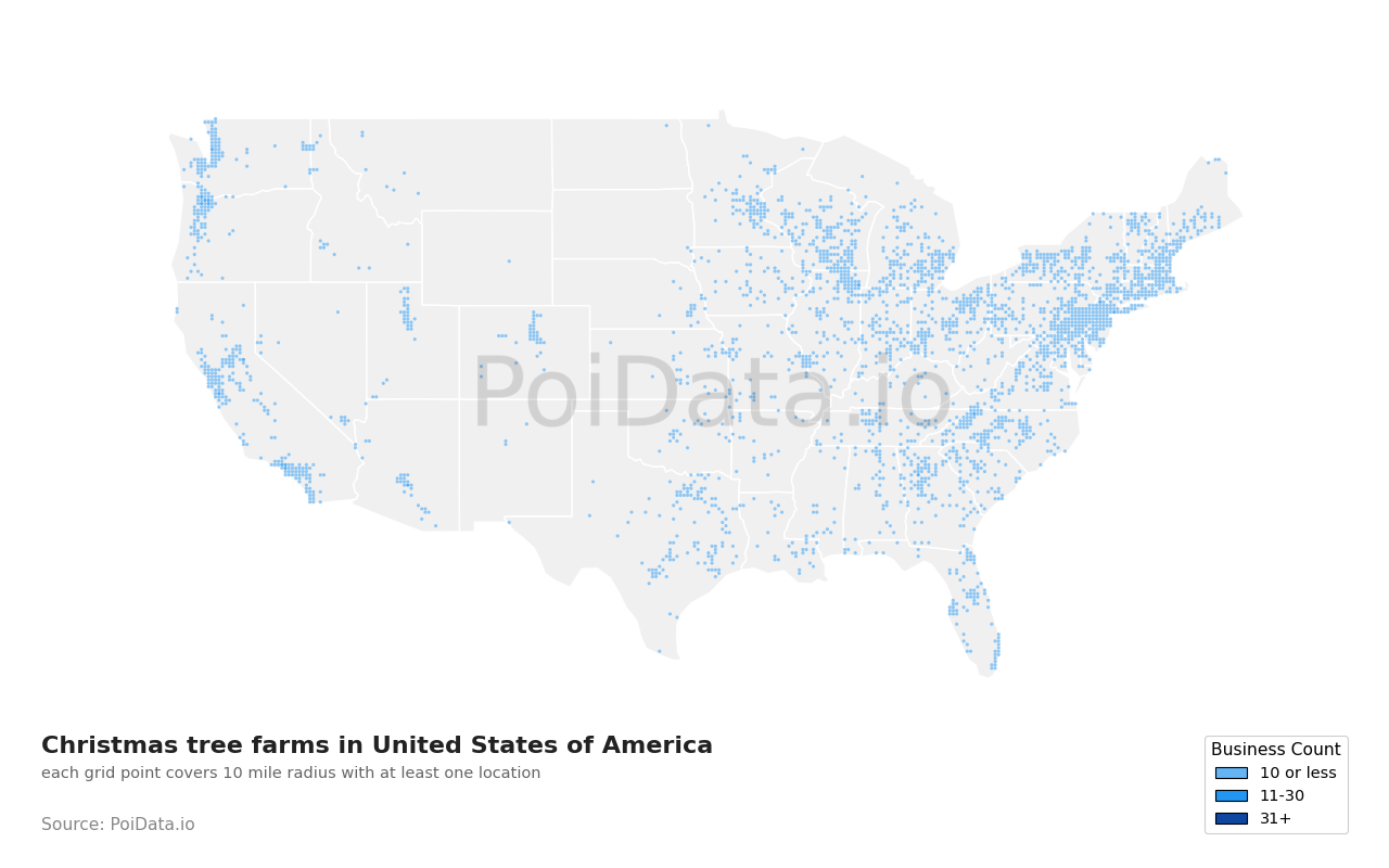 Christmas tree farm density map for United States