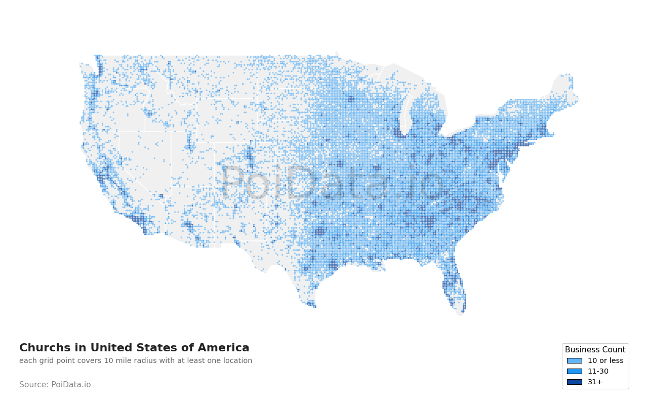 Church density map for Florida, United States