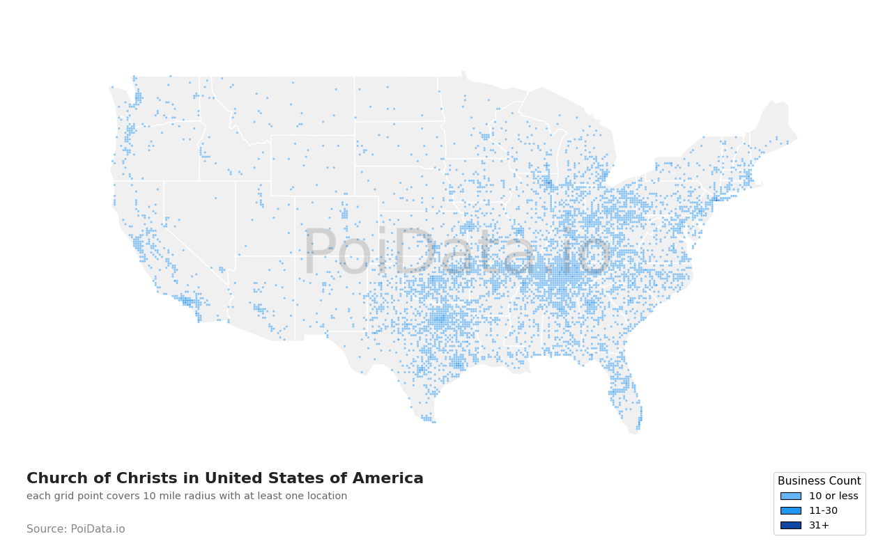 Church of Christ density map for Virginia, United States