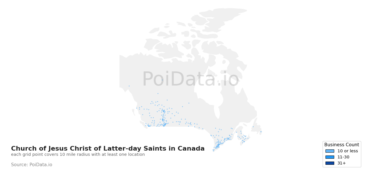 Church of Jesus Christ of Latter-day Saints density map for Manitoba, Canada