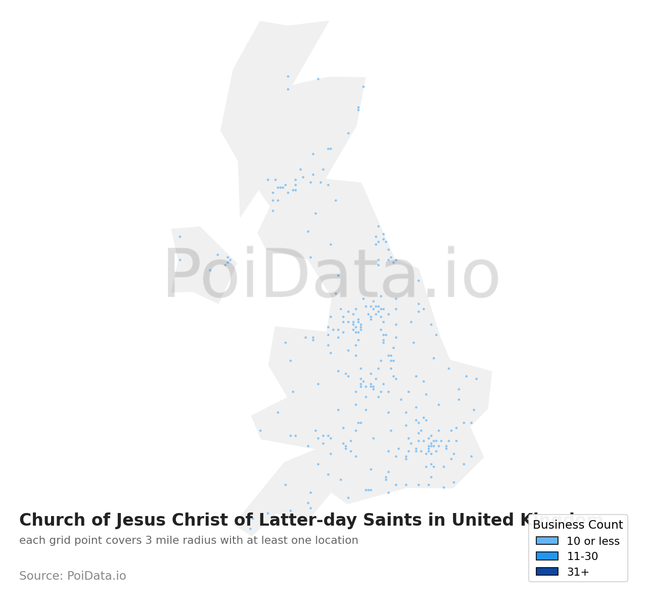 Church of Jesus Christ of Latter-day Saints density map for United Kingdom