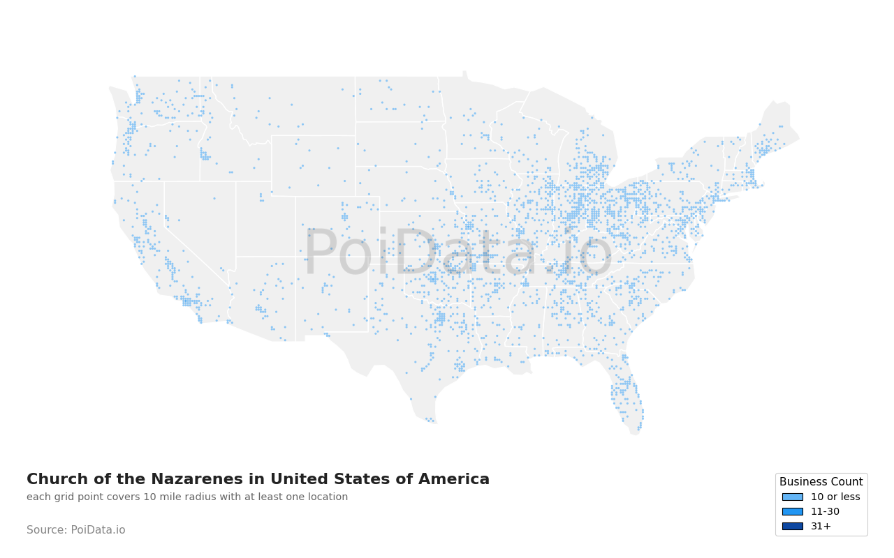 Church of the Nazarene density map for United States