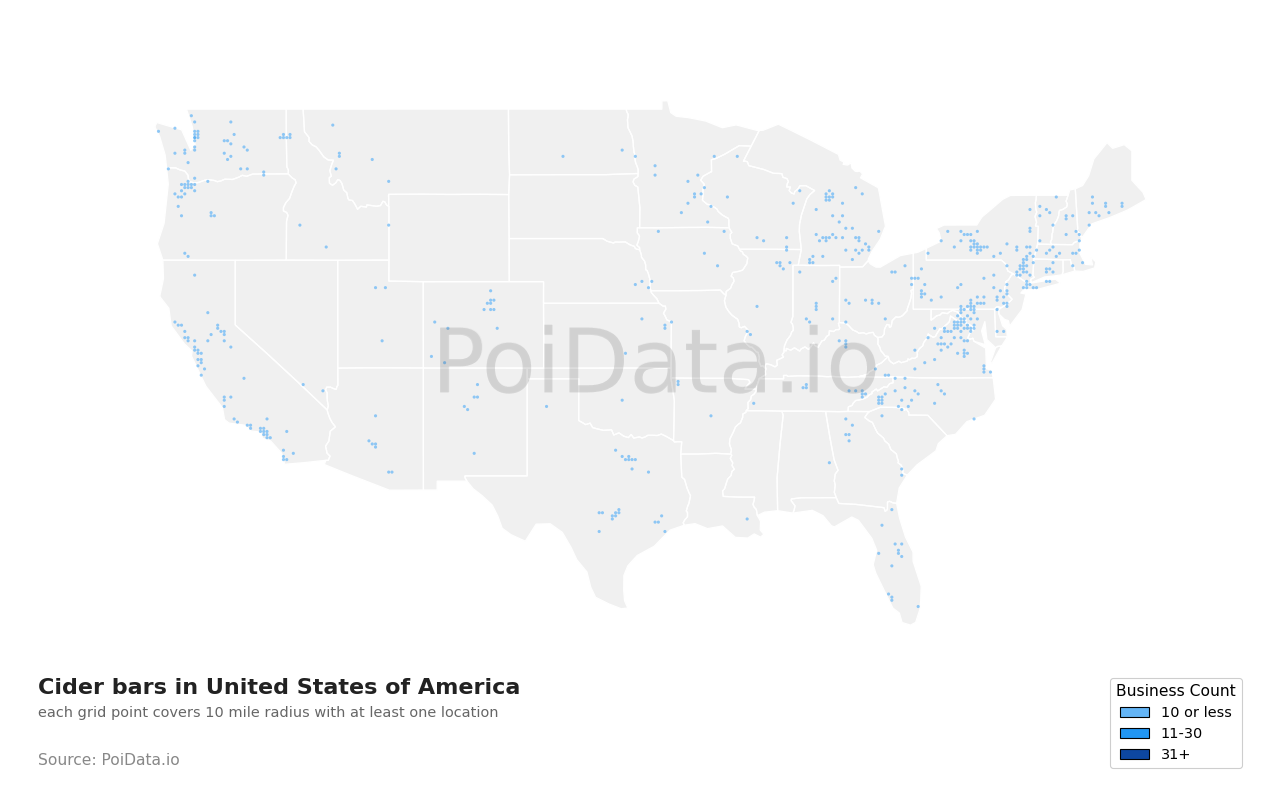 Cider bar density map for United States