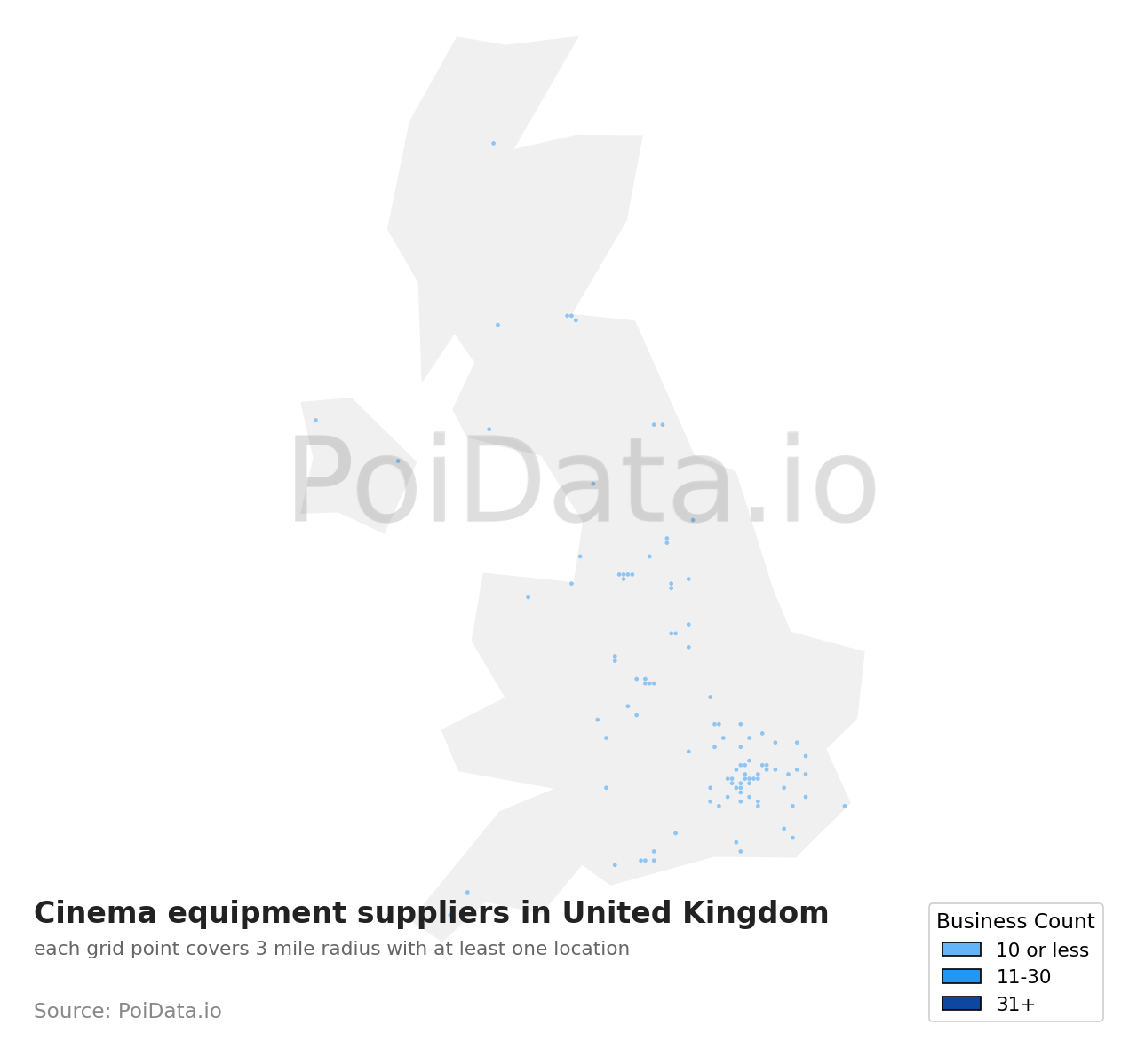 Cinema equipment supplier density map for United Kingdom