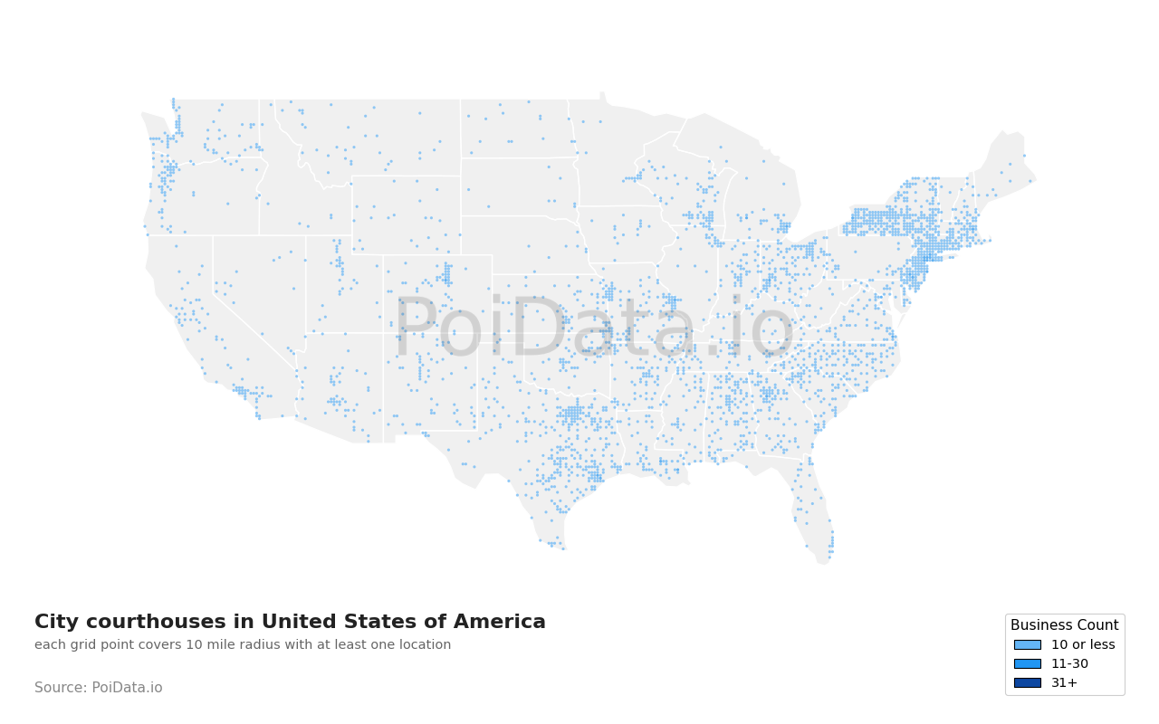 City courthouse density map for Florida, United States