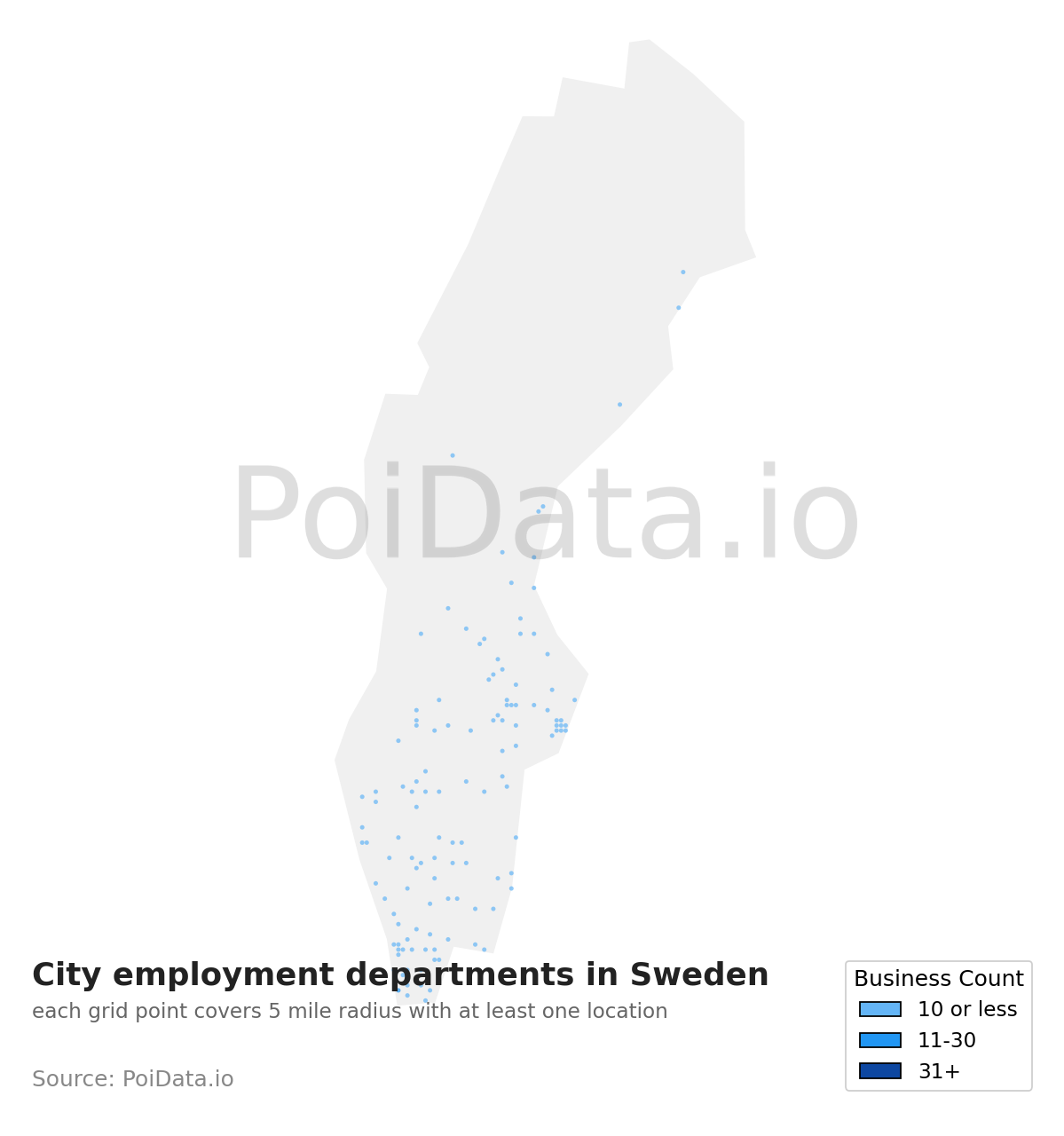 City employment department density map for Sweden