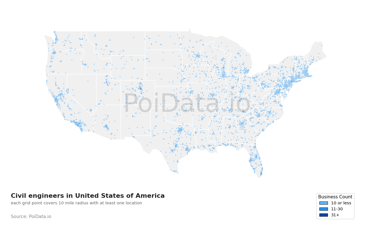 Civil engineer density map for Rhode Island, United States