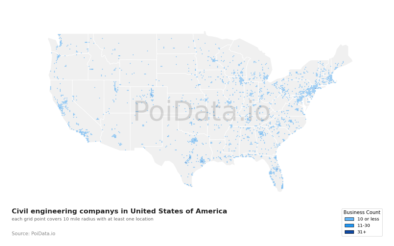 Civil engineering company density map for Florida, United States