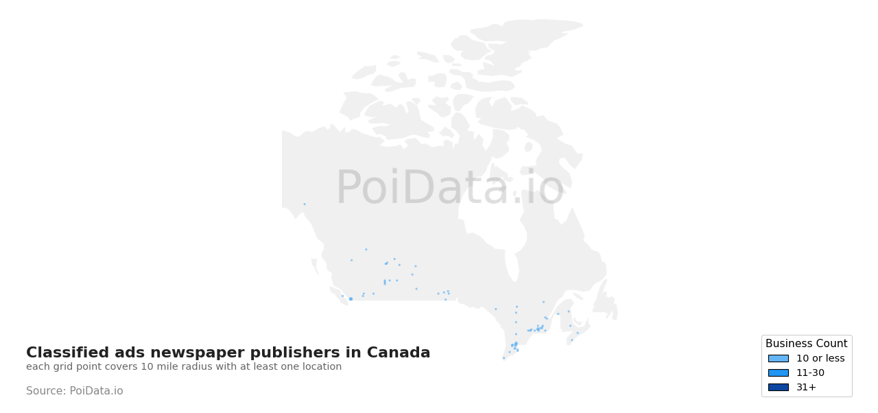 Classified ads newspaper publisher density map for Canada