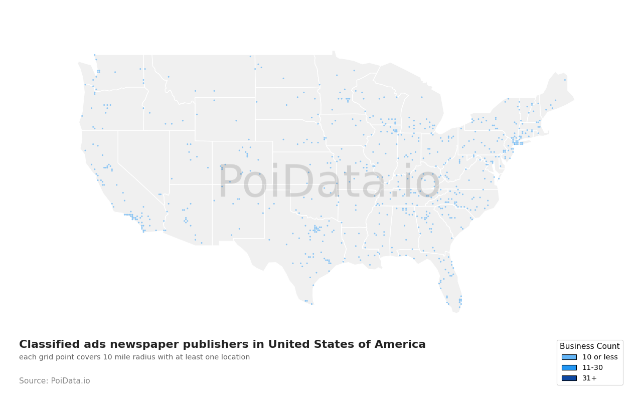 Classified ads newspaper publisher density map for Florida, United States