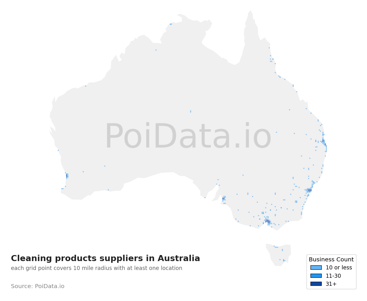 Cleaning products supplier density map for TAS, Australia
