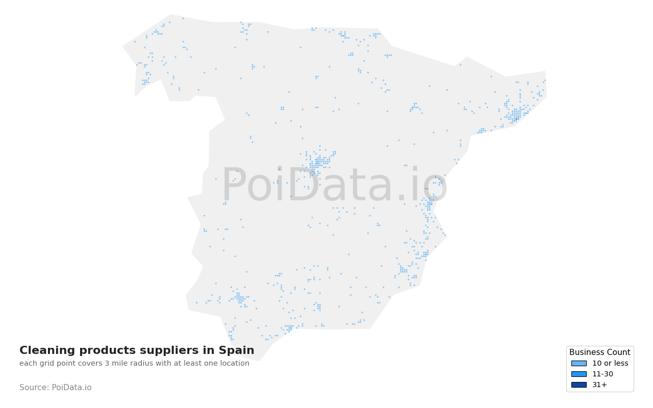 Cleaning products supplier density map for Spain