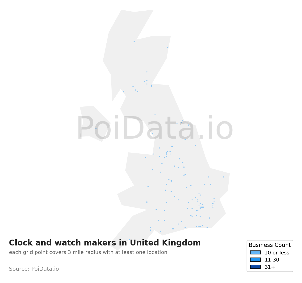 Clock and watch maker density map for United Kingdom