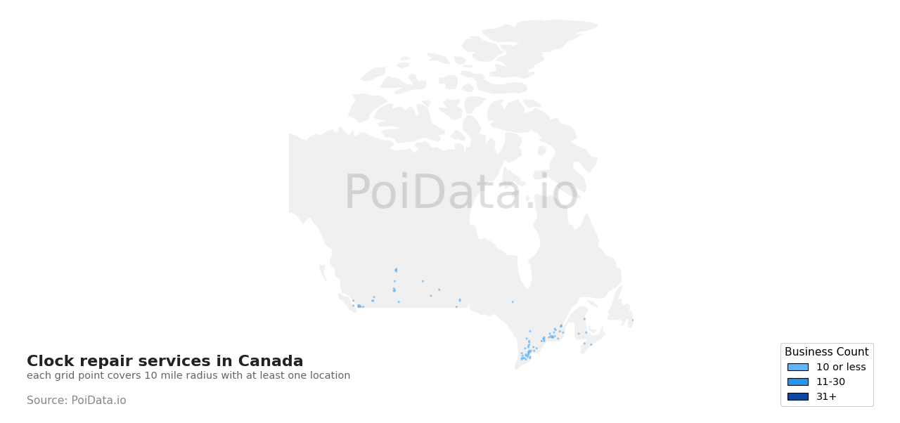 Clock repair service density map for Saskatchewan, Canada