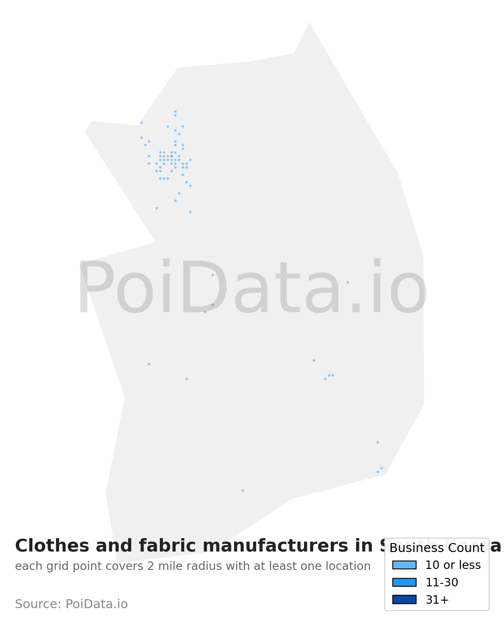 Clothes and fabric manufacturer density map for South Korea