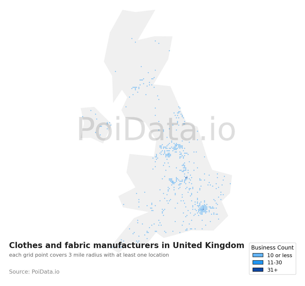 Clothes and fabric manufacturer density map for United Kingdom
