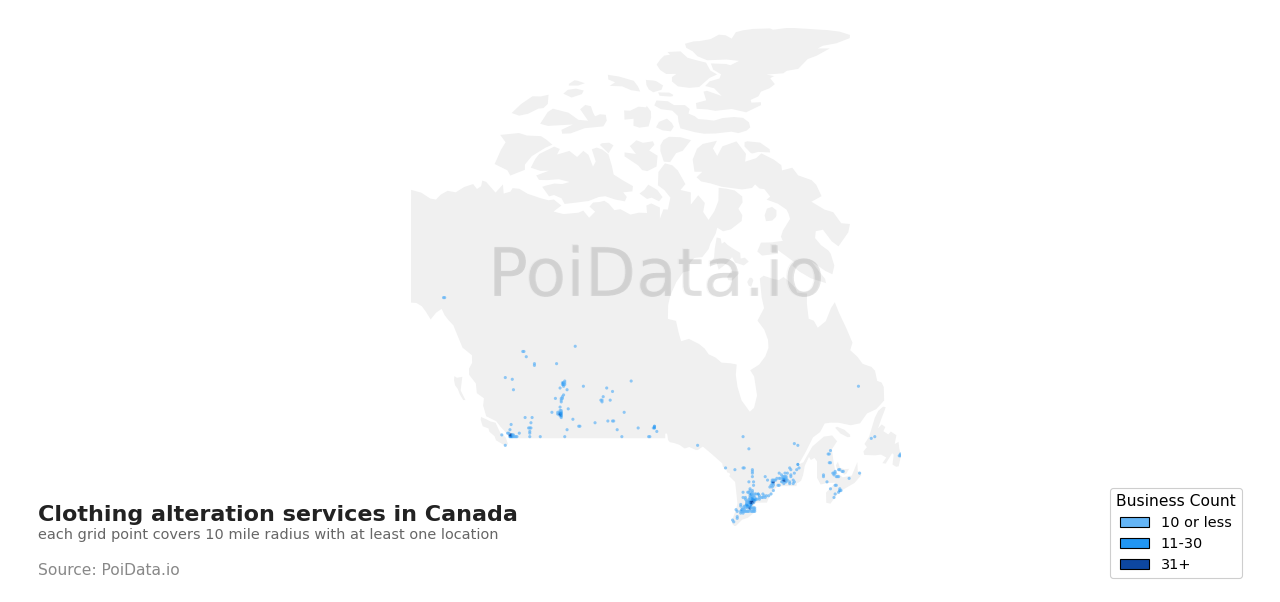 Clothing alteration service density map for Canada