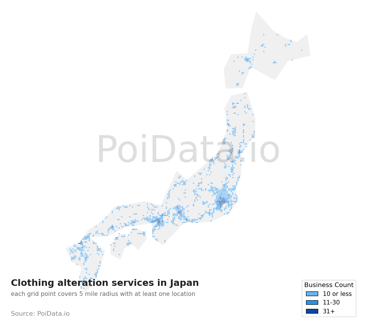 Clothing alteration service density map for Japan
