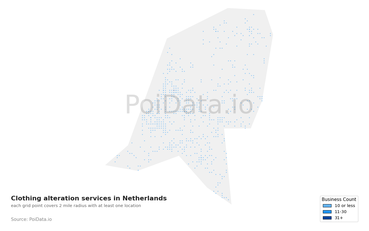Clothing alteration service density map for Netherlands
