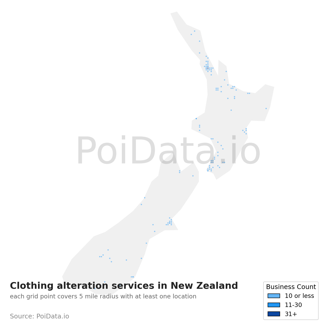 Clothing alteration service density map for New Zealand