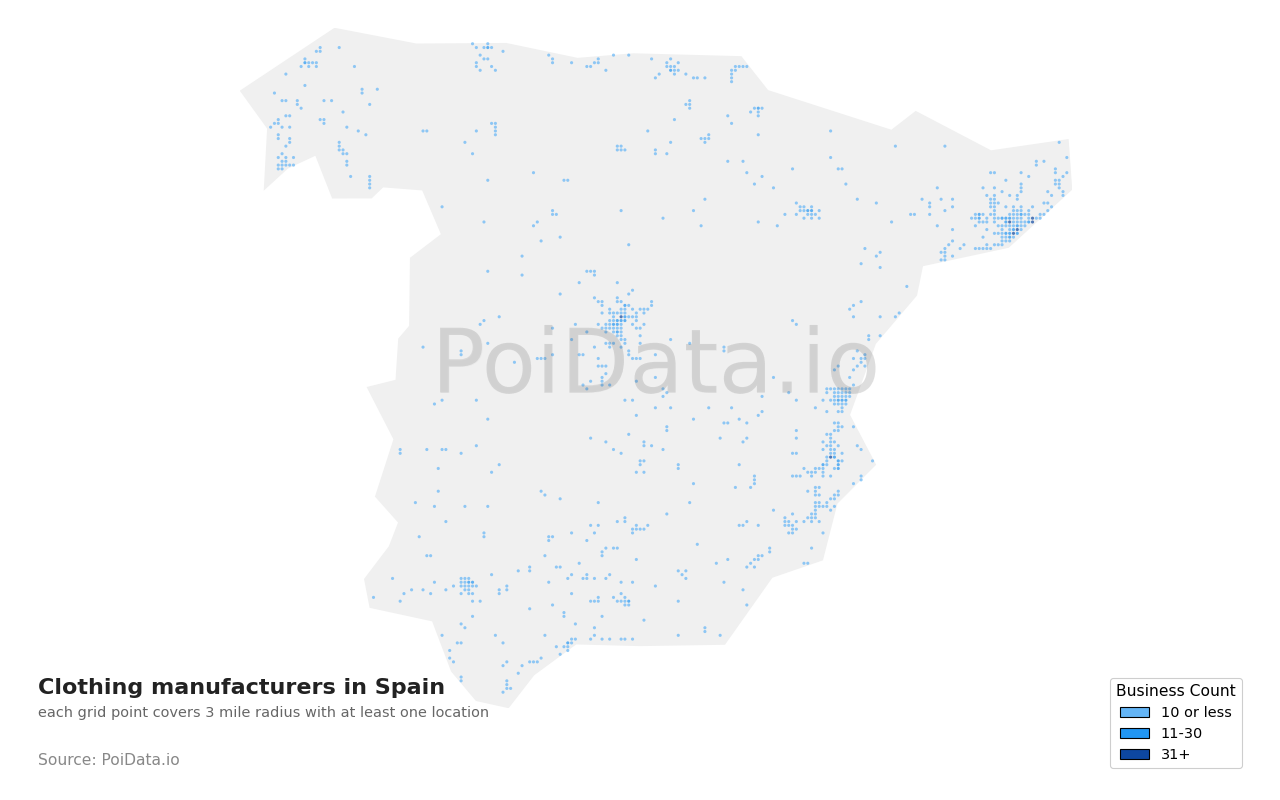 Clothing manufacturer density map for Spain