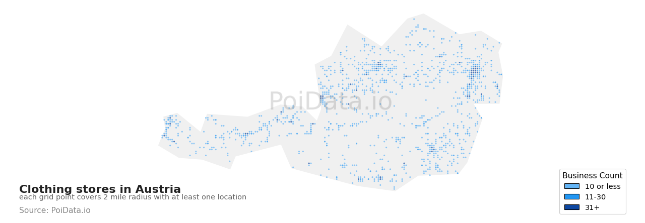 Clothing store density map for Austria