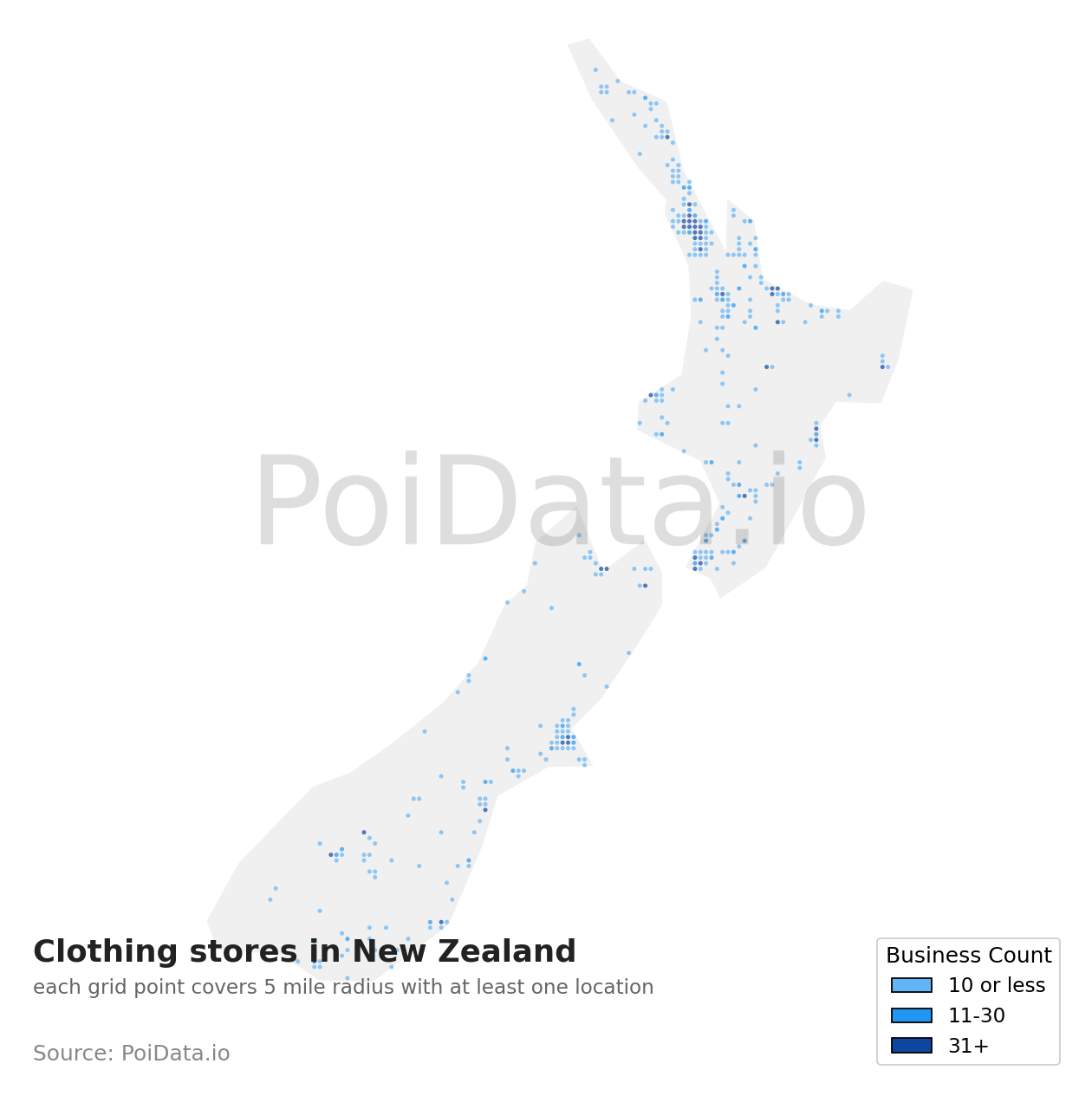 Clothing store density map for Manawatū-Whanganui Region, New Zealand