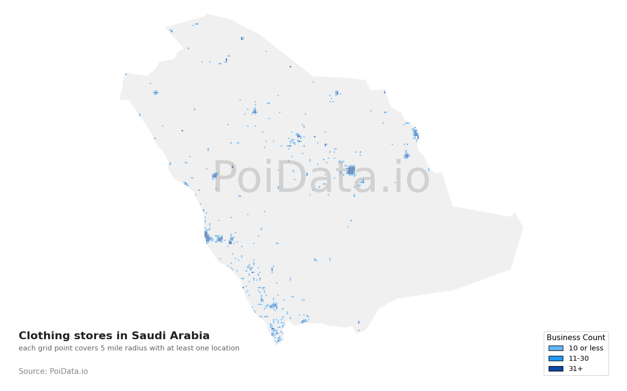 Clothing store density map for Saudi Arabia