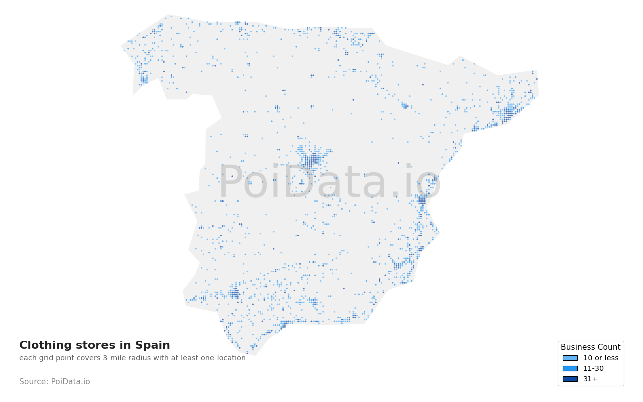 Clothing store density map for Spain