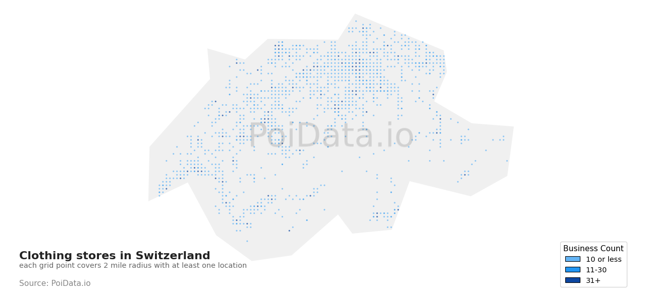 Clothing store density map for Switzerland