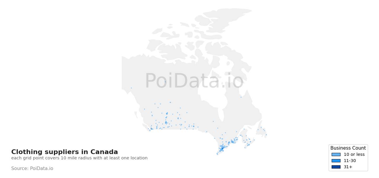 Clothing supplier density map for Ontario, Canada