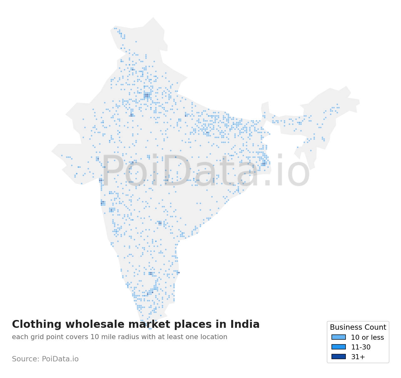 Clothing wholesale market place density map for India