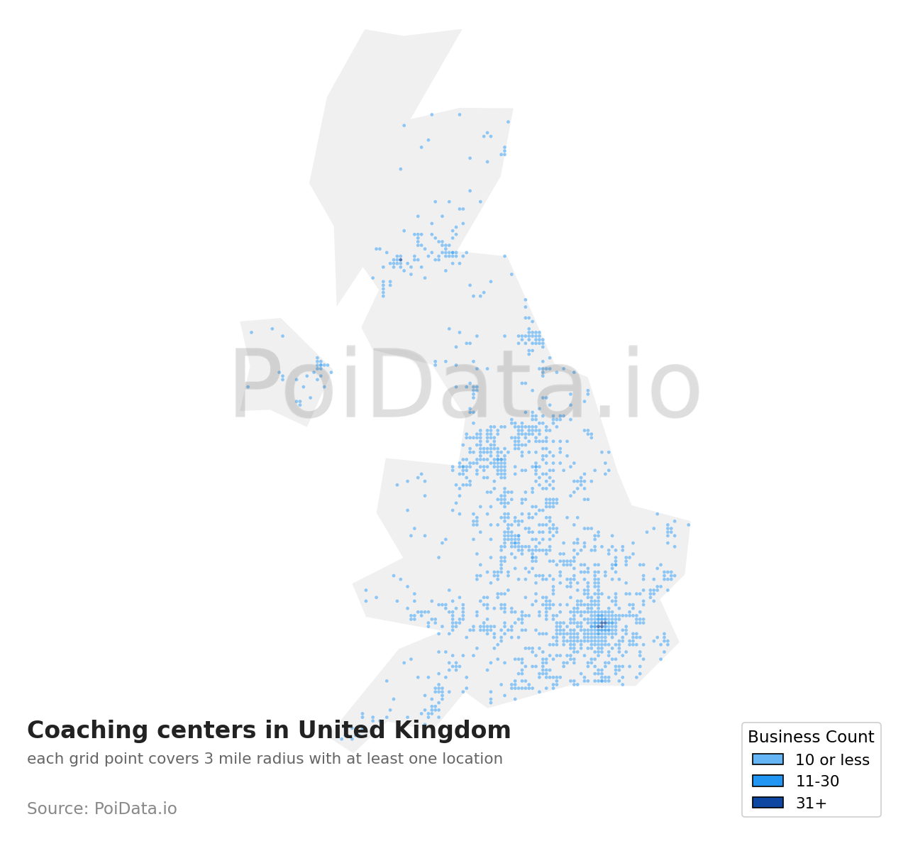 Coaching center density map for United Kingdom