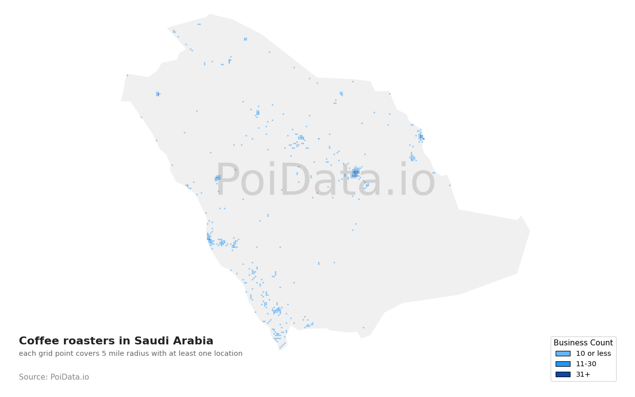 Coffee roasters density map for Saudi Arabia
