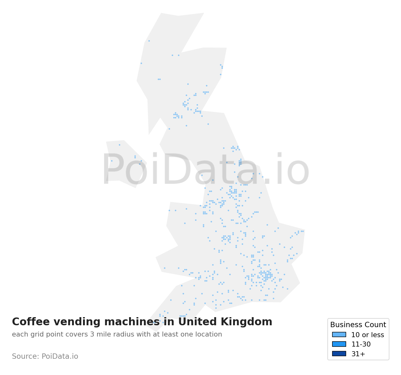 Coffee vending machine density map for United Kingdom