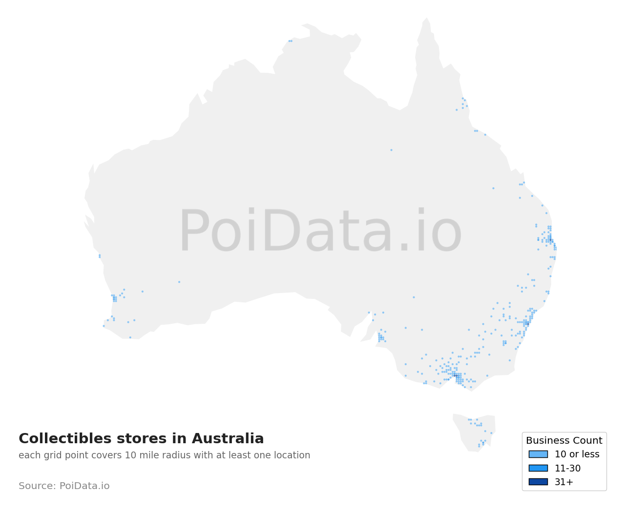 Collectibles store density map for Australia