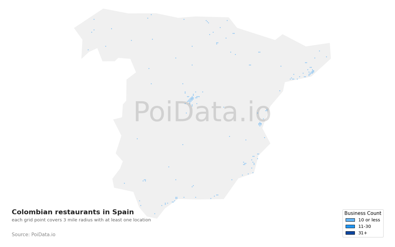Colombian restaurant density map for Spain