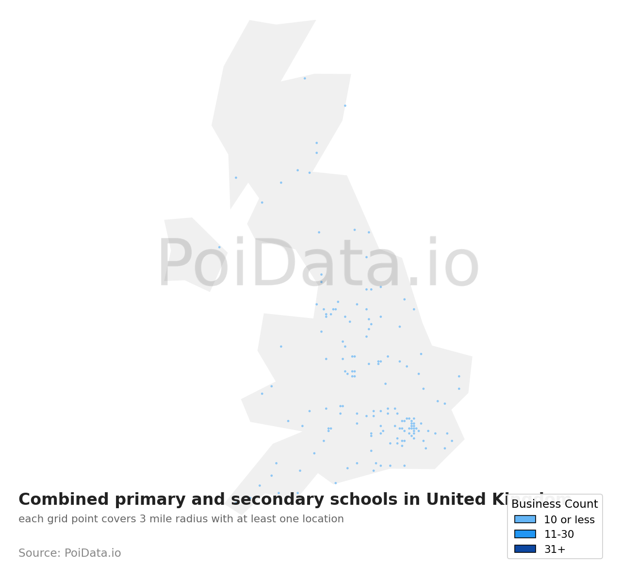 Combined primary and secondary school density map for United Kingdom