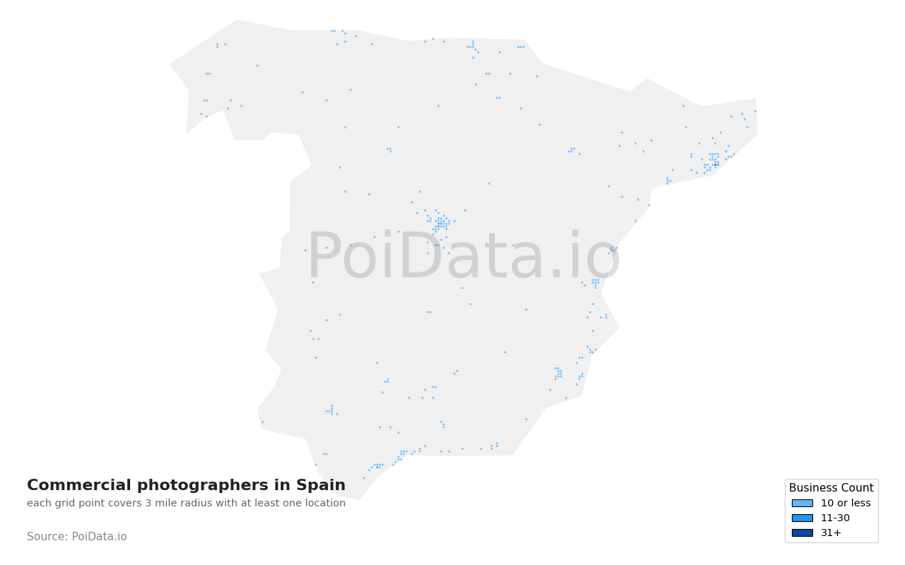 Commercial photographer density map for Spain