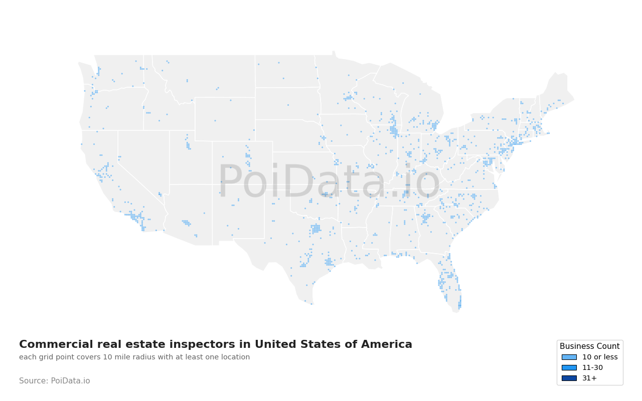 Commercial real estate inspector density map for United States